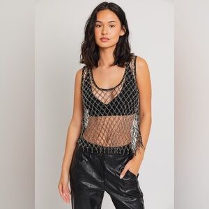 Sleeveless Scoop Neck Beaded Mesh Top - Le Lis